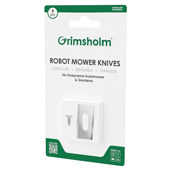 Grimsholm Green Ersatzmesser-Set für Mähroboter - Diverse Mähroboter-Modelle, 9 Stk. - Packung Grimsholm Robotermähermesser, 9 Stück, langlebig, biegbar und aus Edelstahl für Husqvarna Automower & Gardena.