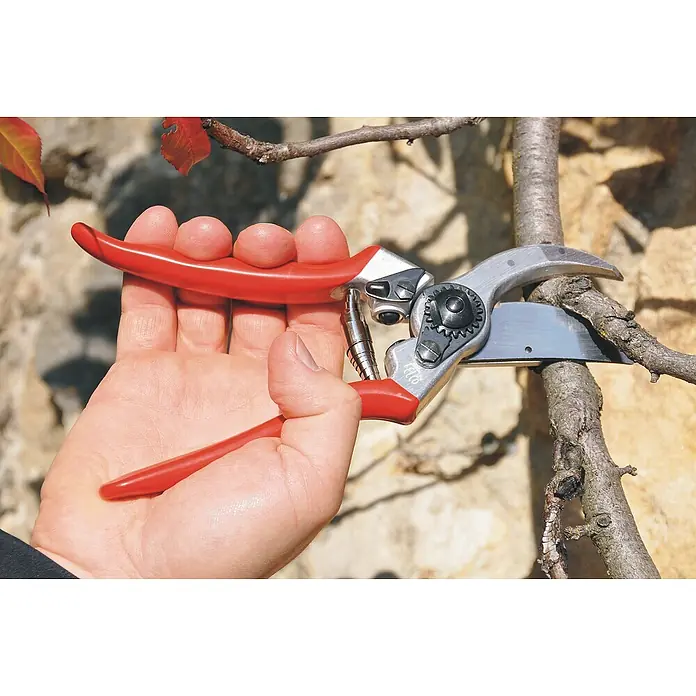 Felco Gartenschere 2 - Max. Aststärke: 25 mm - Eine Nahaufnahme einer Hand, die eine Felco-Baumschere hält, die zum Beschneiden eines Astes verwendet wird. Das Werkzeug ist rot und silber.