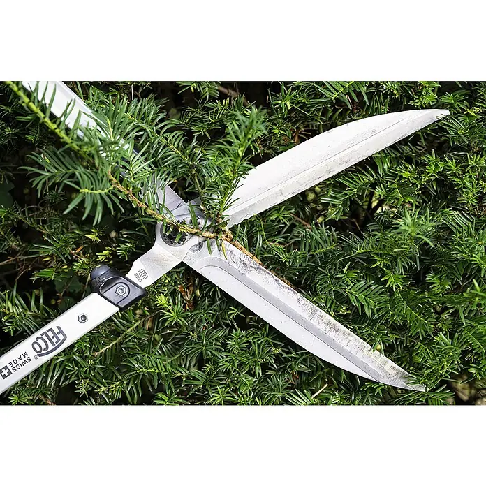 Felco Hand-Heckenschere 250-63 - L x B x H: 71 x 25 x 11 cm, Rot - Heckenschere Felco im Einsatz, umgeben von dichtem Grün. Präzises Schneiden für einen gepflegten Garten mit Schweizer Qualität.