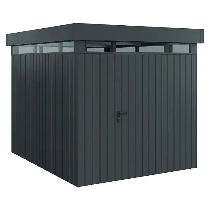 EcoStar Euroline Metallgerätehaus - Außenmaß inkl. Dachüberstand (B x T): 229 x 277 cm, Höhe: 218 cm, Stahl, Anthrazit, Einzeltür - Ein grauer, moderner Geräteschuppen mit Lamellenstruktur und einem transparenten Oberteil für mehr Licht. Praktisch für den Garten.