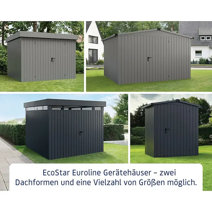 EcoStar Euroline Metallgerätehaus - Außenmaß inkl. Dachüberstand (B x T): 229 x 325 cm, Höhe: 218 cm, Stahl, Anthrazit, Doppeltür - EcoStar Euroline Gerätehäuser: Zwei Dachformen und verschiedene Größen erhältlich.