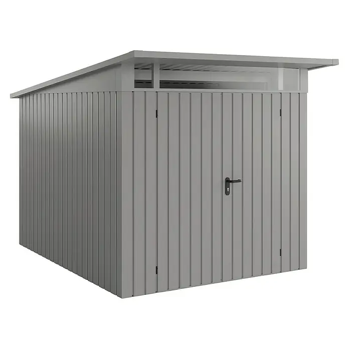 EcoStar Euroline Metallgerätehaus - Außenmaß inkl. Dachüberstand (B x T): 229 x 310 cm, Höhe: 212 mm, Stahl, Aluminium, Doppeltür - Ansicht eines Metallgerätehauses in Grau mit Tür und Dach. Praktische Aufbewahrung für den Garten.