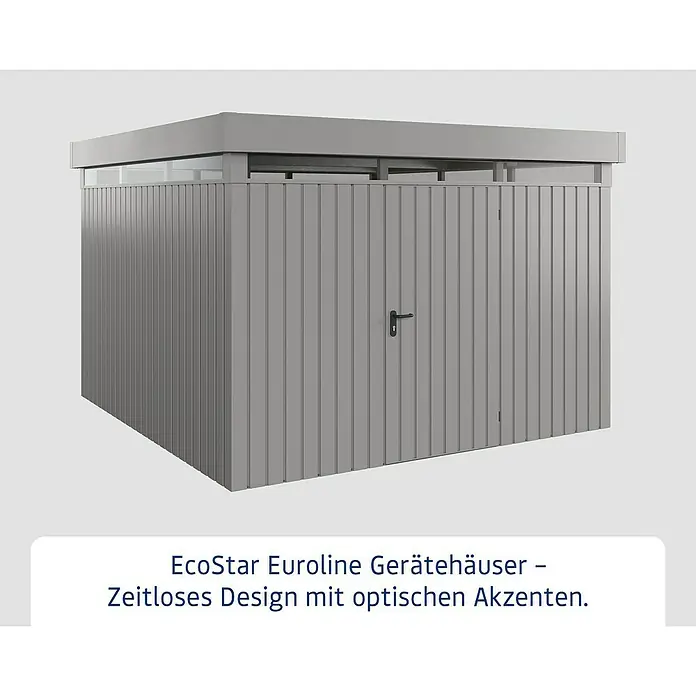 EcoStar Euroline Metallgerätehaus - Außenmaß inkl. Dachüberstand (B x T): 325 x 325 cm, Höhe: 218 cm, Stahl, Aluminium, Einzeltür - EcoStar Euroline Gerätehaus: Zeitloses Design mit optischen Akzenten. Ideal für Gartenutensilien und Werkzeuge.