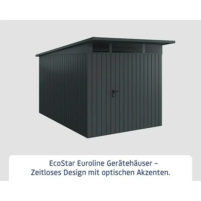 EcoStar Euroline Metallgerätehaus - Außenmaß inkl. Dachüberstand (B x T): 229 x 358 cm, Höhe: 212 mm, Stahl, Anthrazit, Einzeltür - EcoStar Euroline Gerätehaus: Zeitloses Design mit optischen Akzenten. Robust und langlebig für den Garten.