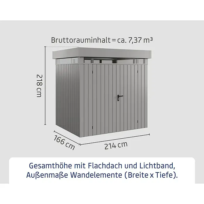EcoStar Euroline Gerätehaus - Außenmaß inkl. Dachüberstand (B x T): 229 x 181 cm, Höhe: 218 cm, Stahl, Aluminium, Doppeltür - Abbildung eines Geräteschuppens mit Flachdach und Lichtband. Außenmaße der Wandelemente: Breite 214 cm x Tiefe 166 cm, Höhe 218 cm.