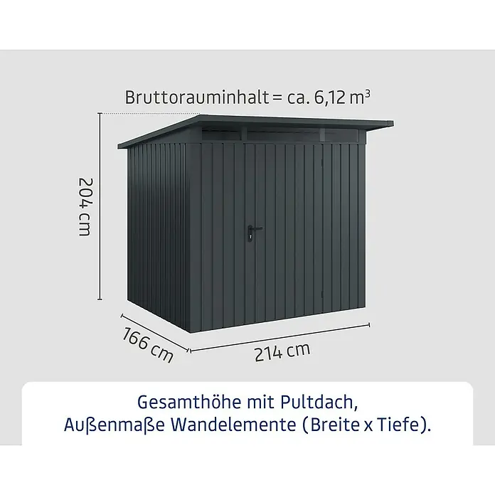 EcoStar Euroline Gerätehaus - Außenmaß inkl. Dachüberstand (B x T): 229 x 214 cm, Höhe: 204 cm, Stahl, Anthrazit, Einzeltür - Abbildung eines Gerätehauses mit den Maßen 214 x 166 x 204 cm und einem Bruttorauminhalt von ca. 6,12 m³.