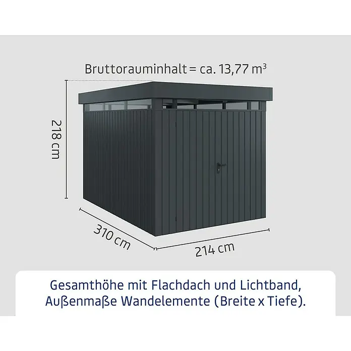 EcoStar Euroline Metallgerätehaus - Außenmaß inkl. Dachüberstand (B x T): 229 x 325 cm, Höhe: 218 cm, Stahl, Anthrazit, Doppeltür - Illustration eines Gartenhauses mit Flachdach und Lichtband, Abmessungen: 218 cm Höhe, 310 cm Breite, 214 cm Tiefe, ca. 13,77 m³ Bruttorauminhalt.