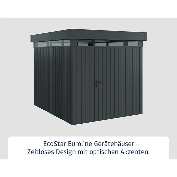 EcoStar Euroline Metallgerätehaus - Außenmaß inkl. Dachüberstand (B x T): 229 x 277 cm, Höhe: 218 cm, Stahl, Anthrazit, Einzeltür - Das EcoStar Euroline Gerätehaus: Zeitloses Design für Ihren Garten. Praktischer Stauraum mit optischen Akzenten.