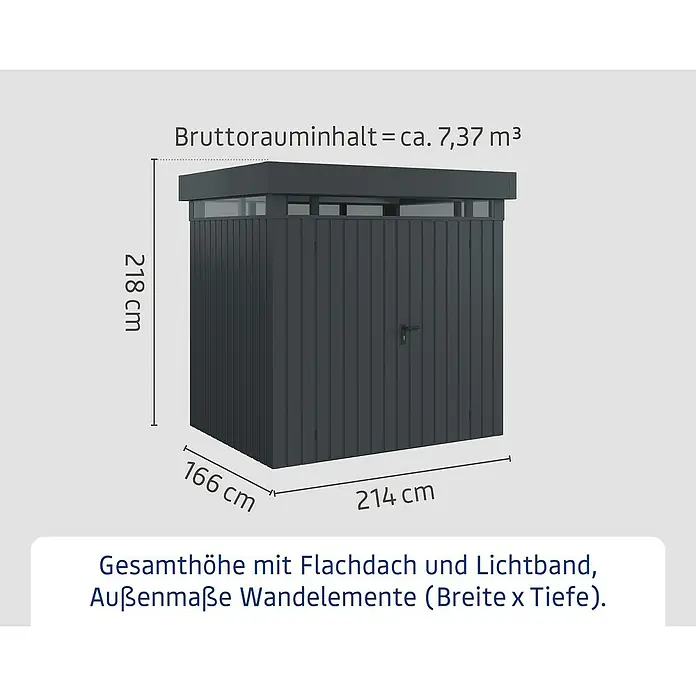 EcoStar Euroline Metallgerätehaus - Außenmaß inkl. Dachüberstand (B x T): 229 x 181 cm, Höhe: 218 cm, Stahl, Anthrazit, Doppeltür - Abbildung eines Gerätehauses mit Flachdach und Lichtband, Außenmaße Wandelemente sind 214 cm breit, 166 cm tief und 218 cm hoch.