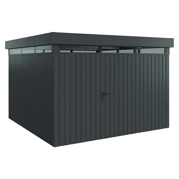 EcoStar Euroline Metallgerätehaus - Außenmaß inkl. Dachüberstand (B x T): 325 x 325 cm, Höhe: 218 cm, Stahl, Anthrazit, Einzeltür - Ein modernes, graues Gerätehaus mit Lamellenstruktur und Dachfenstern, ideal für die Aufbewahrung im Außenbereich.