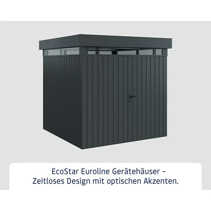 EcoStar Euroline Metallgerätehaus - Außenmaß inkl. Dachüberstand (B x T): 229 x 229 cm, Höhe: 218 cm, Stahl, Anthrazit, Doppeltür - Abbildung eines modernen EcoStar Euroliner Gerätehauses in Anthrazit. Zeitloses Design mit optischen Akzenten für den Garten.