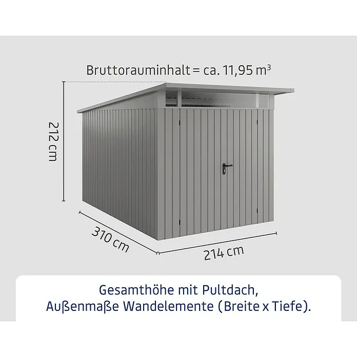 EcoStar Euroline Gerätehaus - Außenmaß inkl. Dachüberstand (B x T): 229 x 358 cm, Höhe: 212 mm, Stahl, Aluminium, Doppeltür - Abbildung eines Gerätehauses mit den Maßen 212 cm Höhe, 310 cm Breite und 214 cm Tiefe. Das Bruttorauminhalt beträgt ca. 11,95 m³.