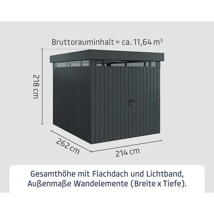 EcoStar Euroline Metallgerätehaus - Außenmaß inkl. Dachüberstand (B x T): 229 x 277 cm, Höhe: 218 cm, Stahl, Anthrazit, Doppeltür - Bild eines grauen Gerätehauses mit den Maßen 218 cm Höhe, 262 cm Breite und 214 cm Tiefe.