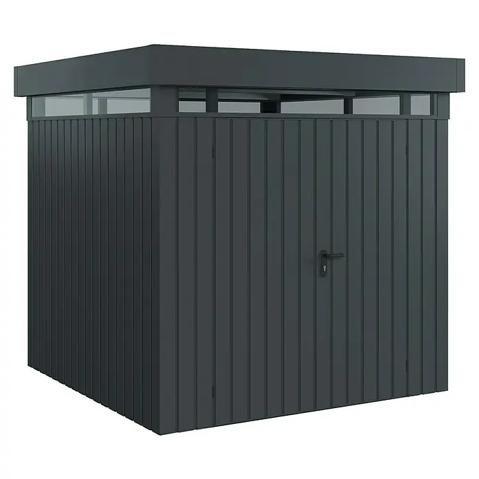 EcoStar Euroline Metallgerätehaus - Außenmaß inkl. Dachüberstand (B x T): 229 x 229 cm, Höhe: 218 cm, Stahl, Anthrazit, Doppeltür - Das Bild zeigt eine graue, abschließbare Mülltonnenbox mit einem transparenten Oberteil. Das Design ist modern und funktional.