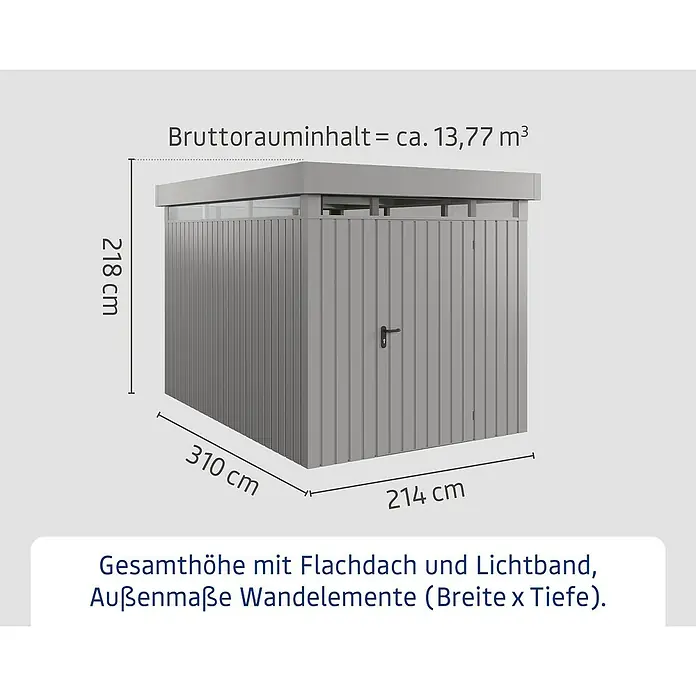 EcoStar Euroline Metallgerätehaus - Außenmaß inkl. Dachüberstand (B x T): 229 x 325 cm, Höhe: 218 cm, Stahl, Aluminium, Einzeltür - Abbildung eines Gerätehauses mit Flachdach und Lichtband, Außenmaße Wandelemente (Breite x Tiefe) 310 cm x 214 cm.