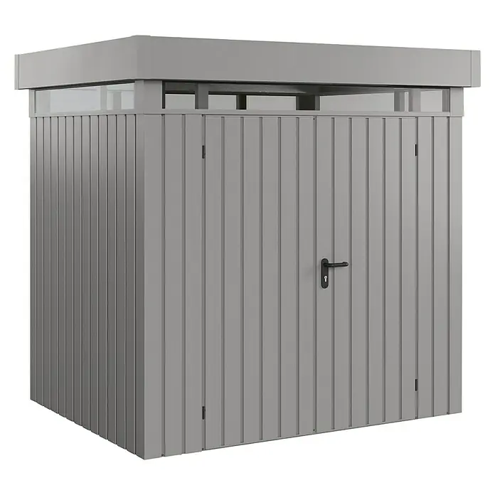 EcoStar Euroline Gerätehaus - Außenmaß inkl. Dachüberstand (B x T): 229 x 181 cm, Höhe: 218 cm, Stahl, Aluminium, Doppeltür - Abbildung eines modernen, grauen Metall-Gartenschranks mit Doppeltür und integriertem Schloss, ideal für die Aufbewahrung im Freien.