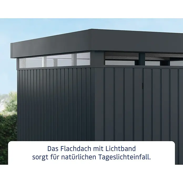 EcoStar Euroline Metallgerätehaus - Außenmaß inkl. Dachüberstand (B x T): 229 x 325 cm, Höhe: 218 cm, Stahl, Anthrazit, Doppeltür - Das moderne Gerätehaus mit Flachdach und Lichtband sorgt für natürlichen Tageslichteinfall und eine angenehme Atmosphäre.
