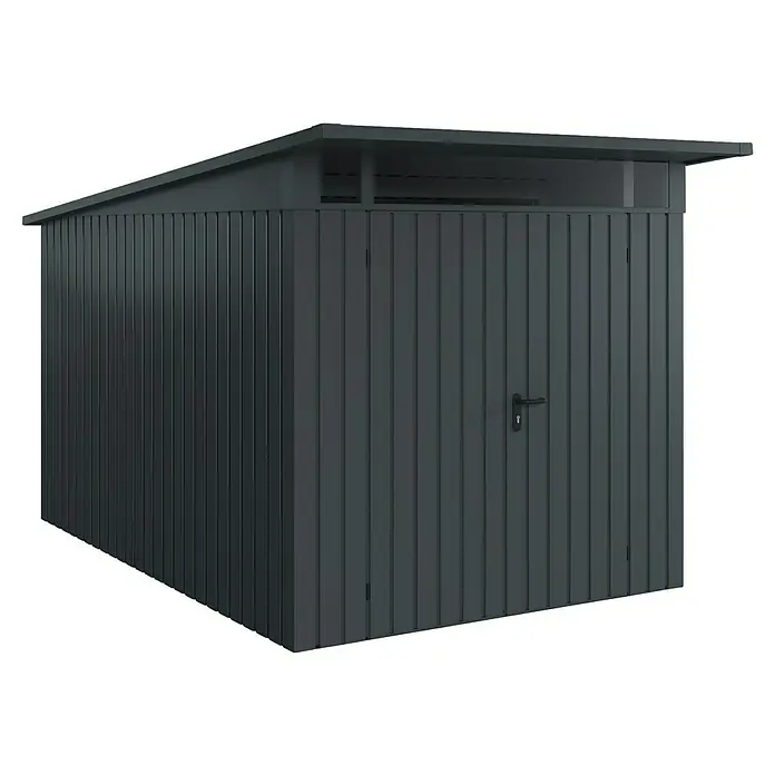 EcoStar Euroline Metallgerätehaus - Außenmaß inkl. Dachüberstand (B x T): 229 x 358 cm, Höhe: 212 mm, Stahl, Anthrazit, Doppeltür - Das Bild zeigt ein modernes, anthrazitfarbenes Gerätehaus mit Flachdach, ideal für die Aufbewahrung von Gartengeräten und Werkzeugen.