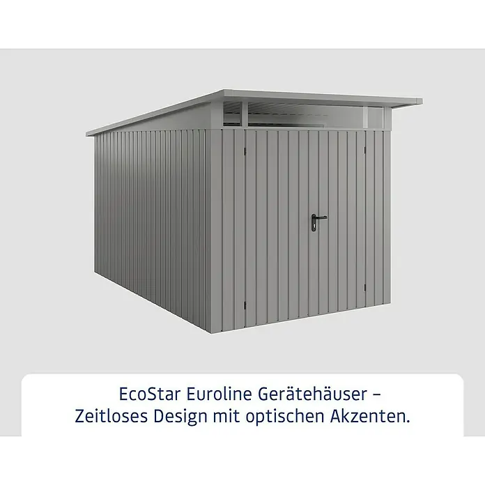 EcoStar Euroline Gerätehaus - Außenmaß inkl. Dachüberstand (B x T): 229 x 358 cm, Höhe: 212 mm, Stahl, Aluminium, Doppeltür - Abbildung eines EcoStar Euroline Gerätehauses.