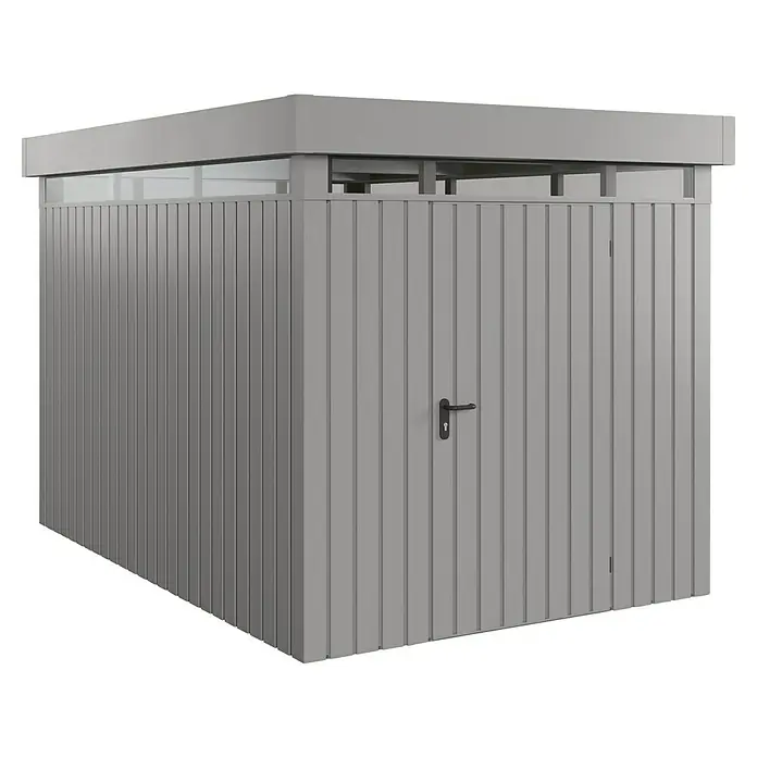 EcoStar Euroline Metallgerätehaus - Außenmaß inkl. Dachüberstand (B x T): 229 x 325 cm, Höhe: 218 cm, Stahl, Aluminium, Einzeltür - Diese Aufnahme zeigt ein Gerätehaus aus grauem Metall mit Türgriff und einem Oberlicht unter dem Dach. Ideal für die Gartenaufbewahrung.