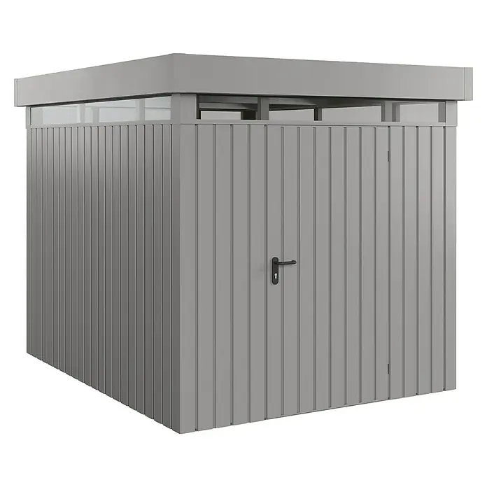EcoStar Euroline Metallgerätehaus - Außenmaß inkl. Dachüberstand (B x T): 229 x 277 cm, Höhe: 218 cm, Stahl, Aluminium, Einzeltür - Eine moderne, graue Gerätebox mit senkrechten Streben und einem schwarzen Türgriff vor einem schwarzen Hintergrund.