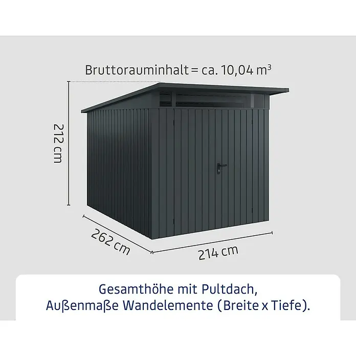 EcoStar Euroline Metallgerätehaus - Außenmaß inkl. Dachüberstand (B x T): 229 x 310 cm, Höhe: 212 mm, Stahl, Anthrazit, Doppeltür - Abbildung eines Gerätehauses mit den Maßen 212 cm Höhe, 262 cm Tiefe und 214 cm Breite.