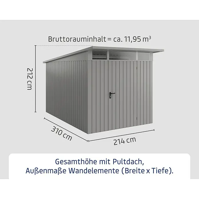 EcoStar Euroline Metallgerätehaus - Außenmaß inkl. Dachüberstand (B x T): 229 x 358 cm, Höhe: 212 mm, Stahl, Aluminium, Einzeltür - Abbildung eines grauen Gerätehauses mit Pultdach und den Maßen 212 cm Höhe, 310 cm Tiefe und 214 cm Breite.