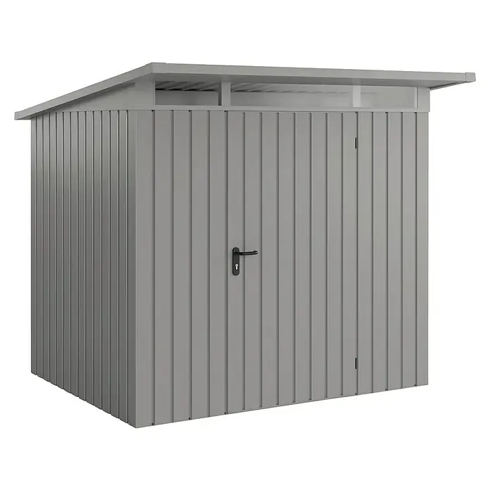 EcoStar Euroline Metallgerätehaus - Außenmaß inkl. Dachüberstand (B x T): 229 x 214 cm, Höhe: 204 cm, Stahl, Aluminium, Einzeltür - Bild eines Metallgartenschuppens mit Tür und Dach. Der Schuppen ist grau und hat ein schlichtes Design. Ideal für die Aufbewahrung von Gartengeräten.