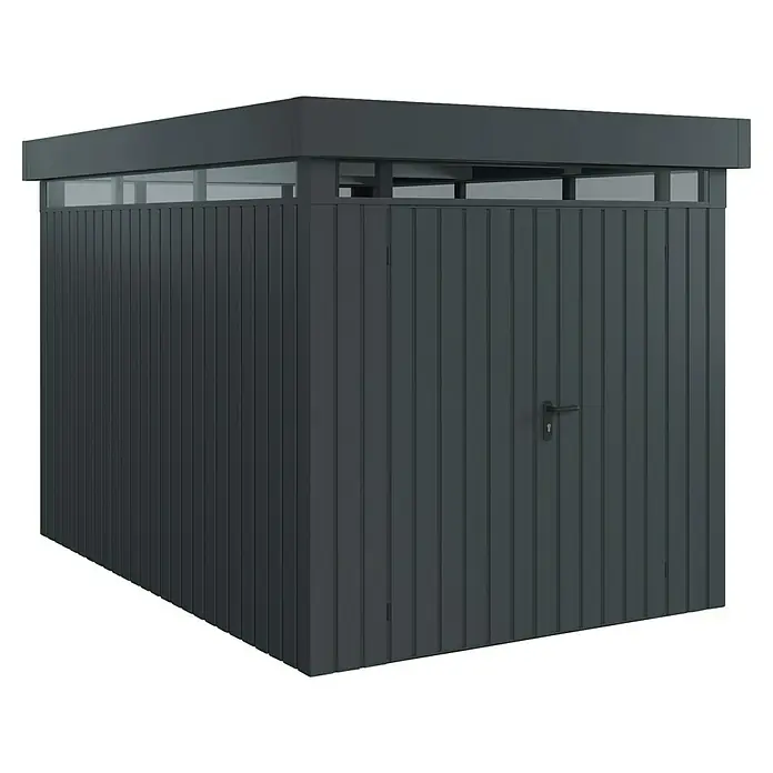 EcoStar Euroline Metallgerätehaus - Außenmaß inkl. Dachüberstand (B x T): 229 x 325 cm, Höhe: 218 cm, Stahl, Anthrazit, Doppeltür - Abbildung eines modernen, grauen Gerätehauses mit Lamellenstruktur und flachem Dach. Ideal für Gartenwerkzeug und mehr.