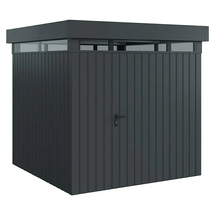 EcoStar Euroline Metallgerätehaus - Außenmaß inkl. Dachüberstand (B x T): 229 x 229 cm, Höhe: 218 cm, Stahl, Anthrazit, Einzeltür - Bild einer grauen, modernen Gartenbox mit Griff und Lattenmuster für den Außenbereich zur Aufbewahrung von Gartengeräten.