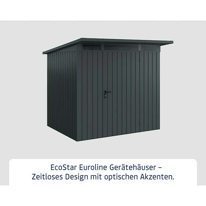 EcoStar Euroline Gerätehaus - Außenmaß inkl. Dachüberstand (B x T): 229 x 214 cm, Höhe: 204 cm, Stahl, Anthrazit, Einzeltür - Abbildung eines EcoStar Euroliner Gerätehauses, ein zeitloses Design mit optischen Akzenten, ideal für jeden Garten.