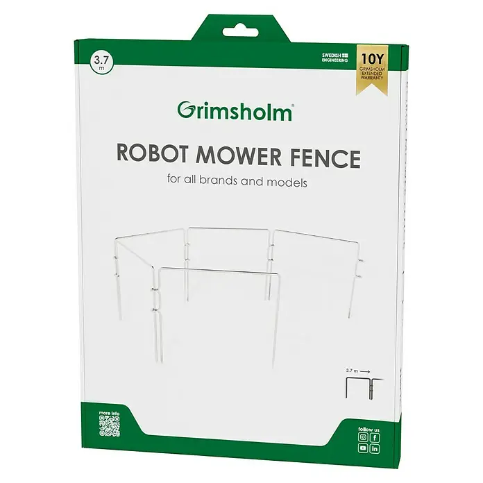 Grimsholm Green Flächenbegrenzung-Kit für Mähroboter - Mähroboter - Produktverpackung für einen Grimsholm Robotermäher-Zaun, 3,7 m lang, mit 10 Jahren erweiterter Garantie und schwedischer Ingenieurskunst.