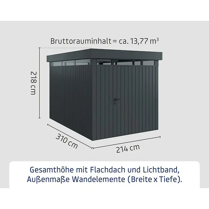 EcoStar Euroline Metallgerätehaus - Außenmaß inkl. Dachüberstand (B x T): 229 x 325 cm, Höhe: 218 cm, Stahl, Anthrazit, Einzeltür - Abbildung eines dunklen Gerätehauses mit den Maßen 310 x 214 x 218 cm und einem Bruttorauminhalt von ca. 13,77 m³.