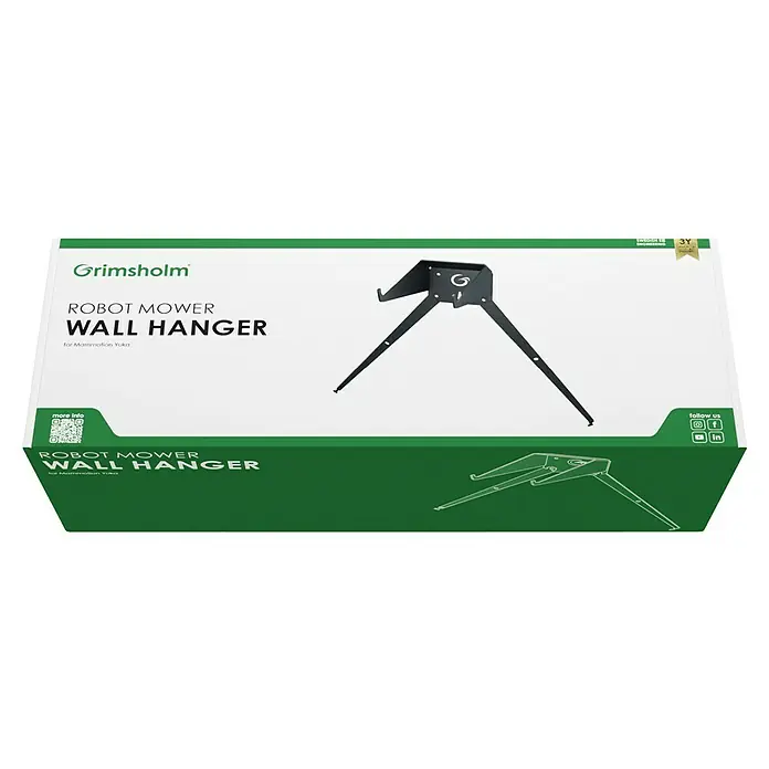 Grimsholm Green Wandhalterung für Rasenmäher - Mammotion Yuka - Nahaufnahme der Verpackung einer Grimsholm Roboter-Mäher-Wandhalterung, die das Produkt und die Markenidentität hervorhebt.