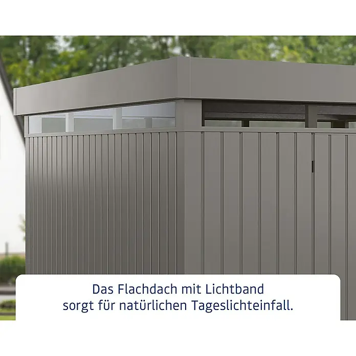 EcoStar Euroline Metallgerätehaus - Außenmaß inkl. Dachüberstand (B x T): 229 x 277 cm, Höhe: 218 cm, Stahl, Aluminium, Einzeltür - Das Flachdach mit Lichtband sorgt für natürlichen Tageslichteinfall und wertet das moderne Design des Gerätehauses optisch auf.