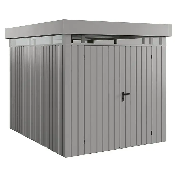 EcoStar Euroline Metallgerätehaus - Außenmaß inkl. Dachüberstand (B x T): 229 x 277 cm, Höhe: 218 cm, Stahl, Aluminium, Doppeltür - Abbildung eines grauen Mülltonnenbox.