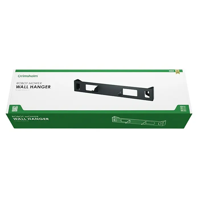 Grimsholm Green Wandhalterung für Rasenmäher - L x B x H: 480 x 1.250 x 850 mm, Segway Navimow i105 - Verpackung einer Grimsholm-Wandhalterung für Robotermäher. Die Box zeigt das Produktbild und Markenlogo.