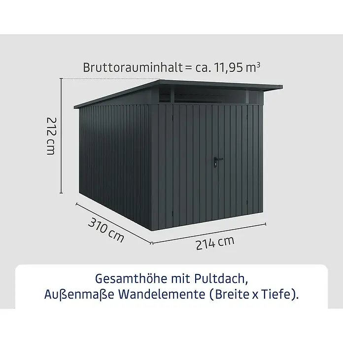 EcoStar Euroline Metallgerätehaus - Außenmaß inkl. Dachüberstand (B x T): 229 x 358 cm, Höhe: 212 mm, Stahl, Anthrazit, Doppeltür - Abbildung eines anthrazitfarbenen Gerätehauses mit Pultdach. Die Außenmaße sind 212 cm hoch, 310 cm breit und 214 cm tief.