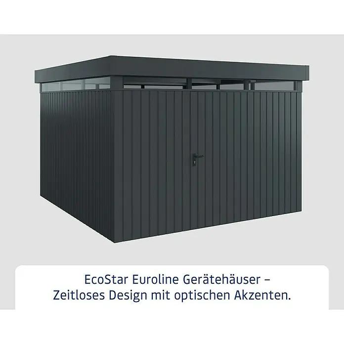 EcoStar Euroline Metallgerätehaus - Außenmaß inkl. Dachüberstand (B x T): 325 x 325 cm, Höhe: 218 cm, Stahl, Anthrazit, Einzeltür - Abbildung eines EcoStar Euroline Gerätehauses mit zeitlosem Design und optischen Akzenten. Praktische und stilvolle Aufbewahrungslösung.