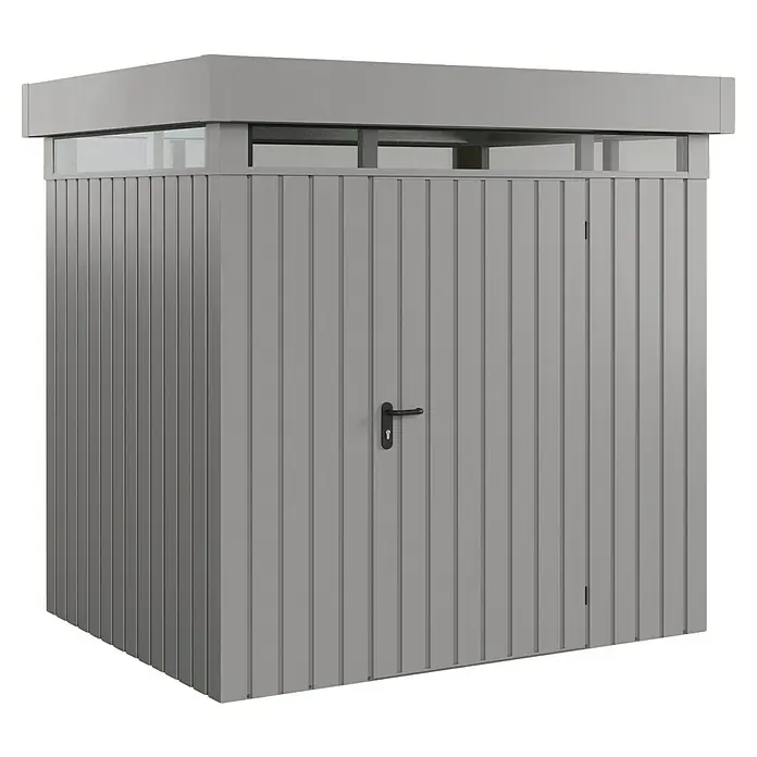 EcoStar Euroline Metallgerätehaus - Außenmaß inkl. Dachüberstand (B x T): 229 x 181 cm, Höhe: 218 cm, Stahl, Aluminium, Einzeltür - Das Bild zeigt ein modernes, graues Gartenhaus mit einer Tür und einem transparenten Oberlicht für zusätzlichen Tageslichteinfall.