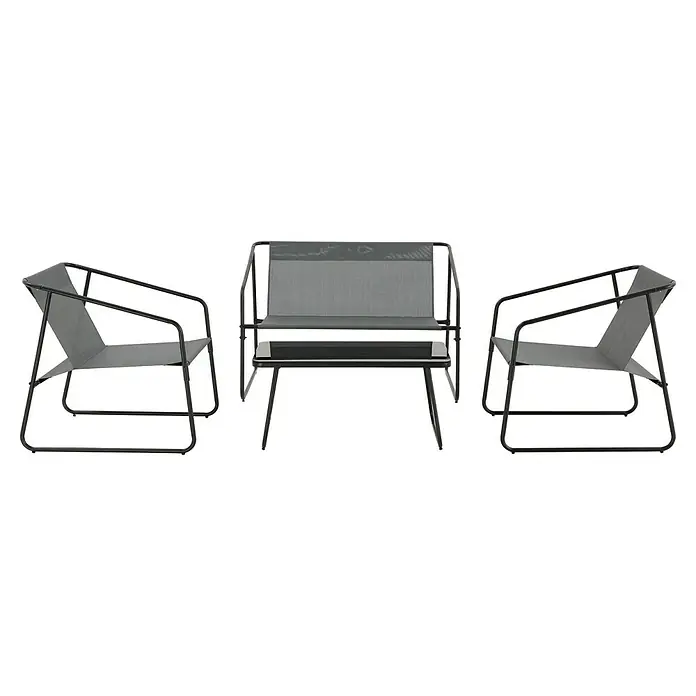 Conjunto de muebles Kateli - 4 pzs., Acero/Textiline, Antracita - Dos sillones y un sofá de estilo Bauhaus, con líneas limpias y tela gris, perfectos para un espacio exterior moderno.
