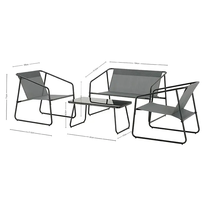 Conjunto de muebles Kateli - 4 pzs., Acero/Textiline, Antracita - Conjunto de muebles de jardín con sofá, dos sillones y mesa. El conjunto es de tela gris y metal negro, apto para uso exterior.