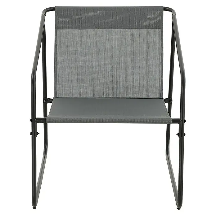 Conjunto de muebles Kateli - 4 pzs., Acero/Textiline, Antracita - Primer plano de una silla de patio gris moderna con estructura metálica y asiento de malla.