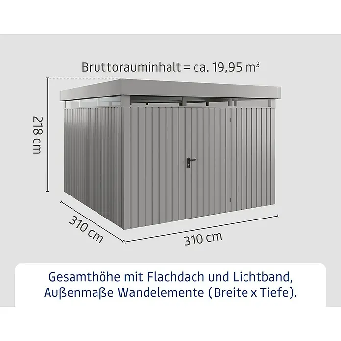 EcoStar Euroline Metallgerätehaus - Außenmaß inkl. Dachüberstand (B x T): 325 x 325 cm, Höhe: 218 cm, Stahl, Aluminium, Einzeltür - Abbildung eines Gerätehauses mit Flachdach und Lichtband, mit den Maßen 310 x 310 x 218 cm und einem Bruttorauminhalt von 19,95 m³.
