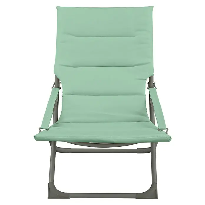 Sillón de jardín Sofia - 60 x 88 x 84 cm, Verde agua, Poliéster - Una silla de playa verde y acolchada con reposabrazos y estructura metálica, perfecta para relajarse al aire libre.