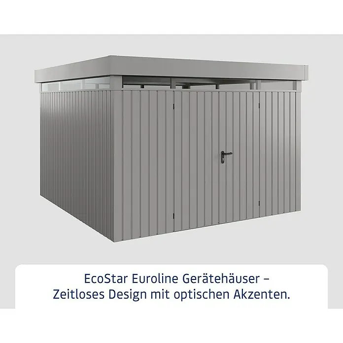 EcoStar Euroline Metallgerätehaus - Außenmaß inkl. Dachüberstand (B x T): 325 x 325 cm, Höhe: 218 cm, Stahl, Aluminium, Doppeltür - EcoStar Eurolime Gerätehäuser: Zeitloses Design mit optischen Akzenten. Praktische Gerätehäuser für den Garten oder Hof.