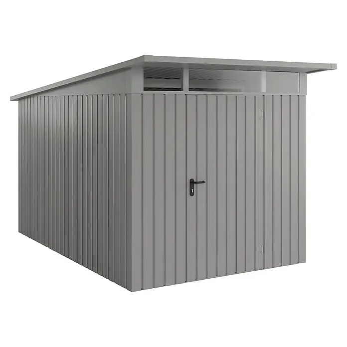 EcoStar Euroline Metallgerätehaus - Außenmaß inkl. Dachüberstand (B x T): 229 x 358 cm, Höhe: 212 mm, Stahl, Aluminium, Einzeltür - Grauer Gartenschuppen mit geöffneter Tür. Praktische Aufbewahrungslösung für den Außenbereich, ideal für Gartengeräte und Werkzeuge.