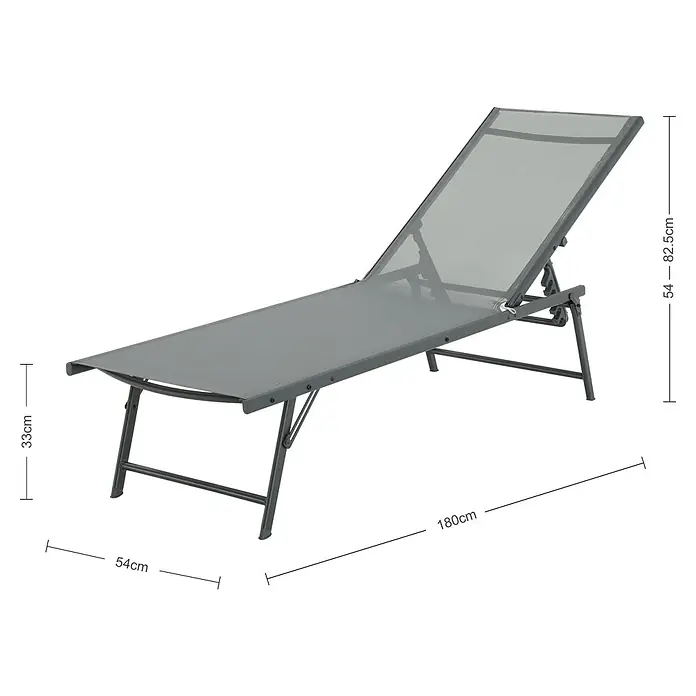Tumbona de jardín Belisa - Gris oscuro, Acero, Abatible - Tumbona de metal gris con respaldo ajustable y dimensiones de 180x54x33/54-82,5 cm, ideal para relajarse al aire libre.