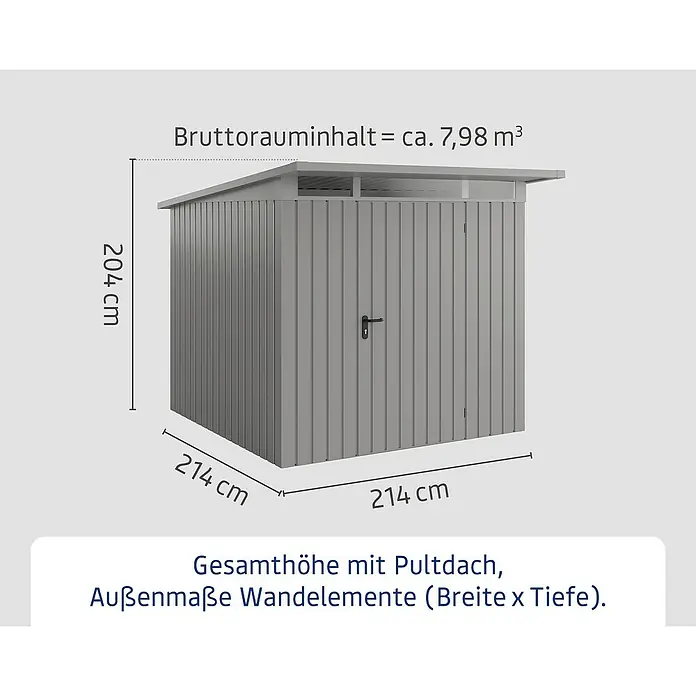 EcoStar Euroline Metallgerätehaus - Außenmaß inkl. Dachüberstand (B x T): 229 x 262 cm, Stahl, Aluminium, Höhe: 204 cm, Einzeltür - Abbildung eines grauen Gerätehauses mit den Maßen 214 x 214 x 204 cm und einem Bruttorauminhalt von ca. 7,98 m³.