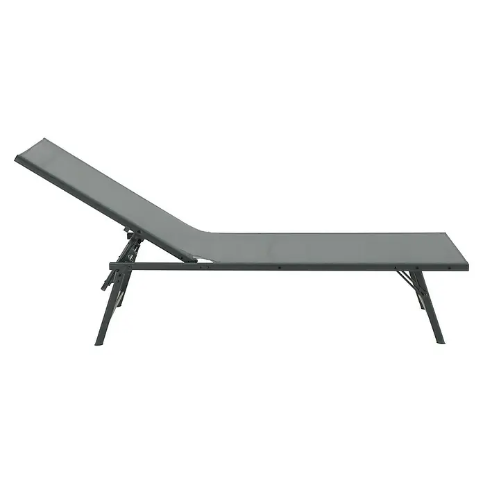 Tumbona de jardín Belisa - Gris oscuro, Acero, Abatible - Primer plano de una tumbona gris con respaldo ajustable, perfecta para relajarse al aire libre. La estructura metálica garantiza estabilidad.